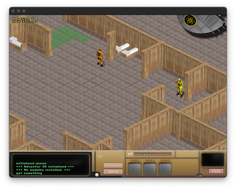 screenshot of the isometric engine in action, which is a bunch of walls, a few worker robots, and a random person