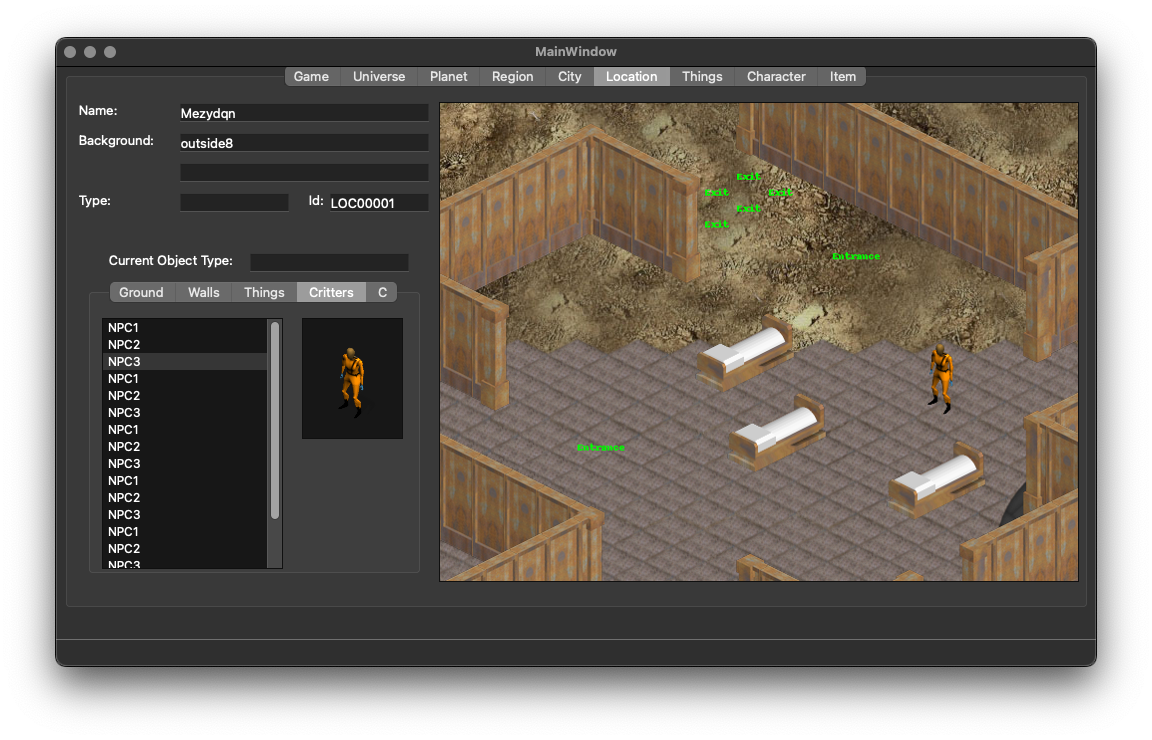 screenshot of the adventur editor called adved, shows some random walls and NPCs.