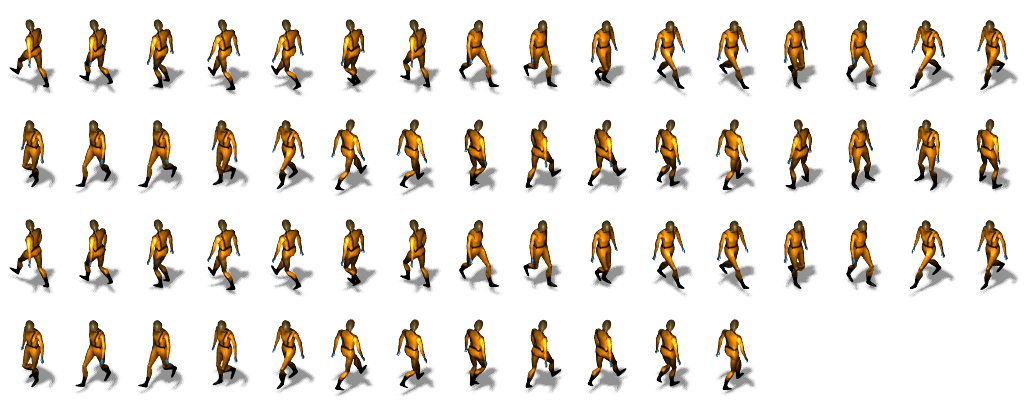 screenshot of the output of the sprite generator, a bunch of images of a person from different angles and different states of walking.